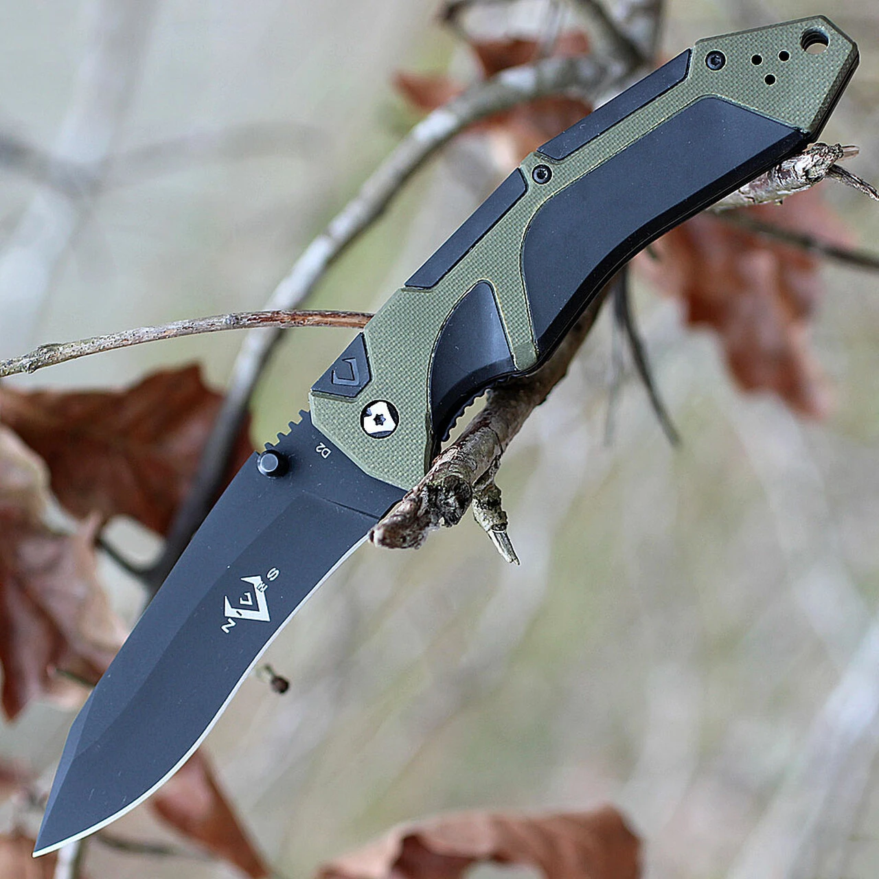 V Nives 30176 Fractal Assist, 3.6" Black D2 Plain Blade, Black G-10, Green FRN Inlay Handle 1 V Nives 30176 Fractal Assist, 3.6" Black D2 Plain Blade, Black G-10, Green FRN Inlay Handle