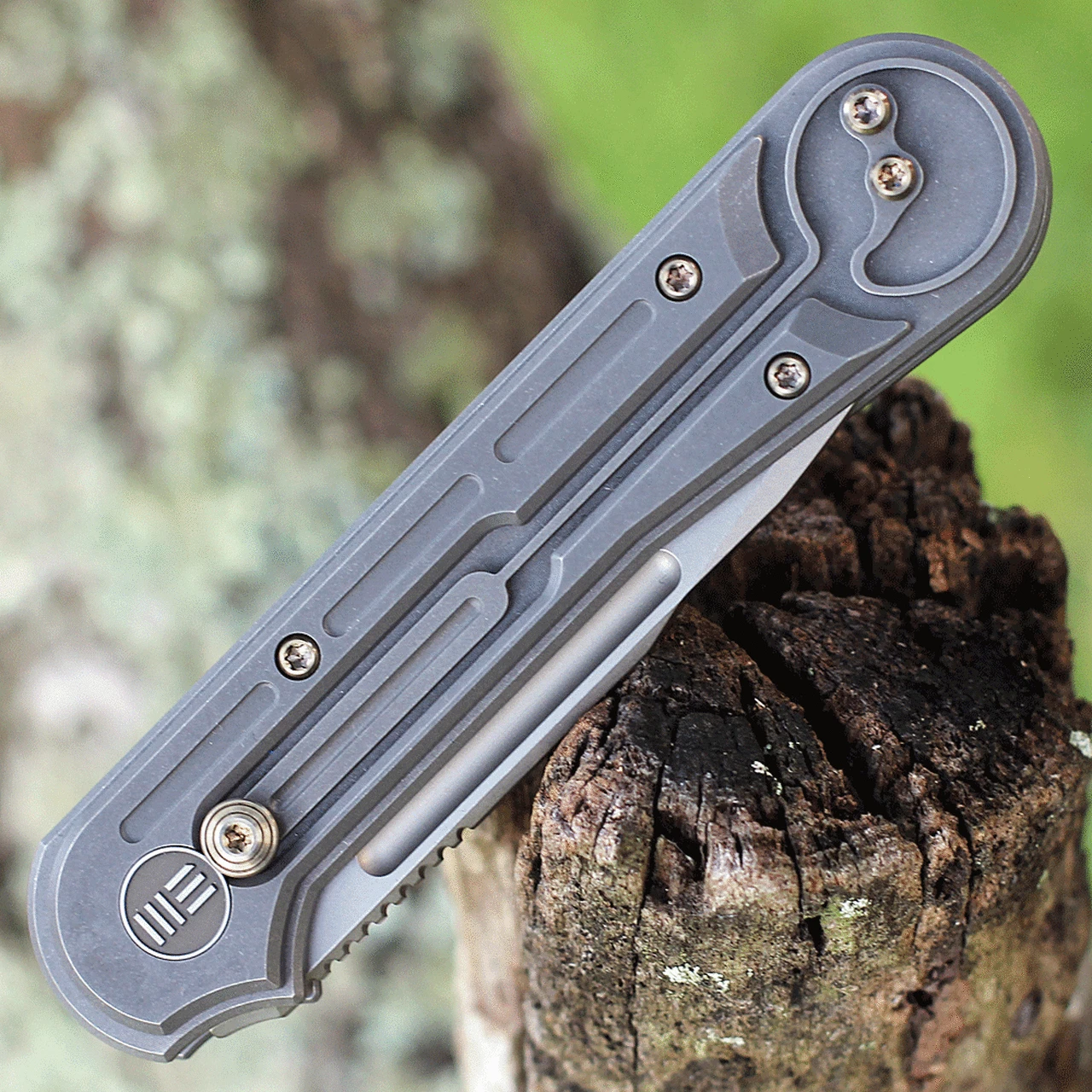 We Knife Co. We Knife Double Helix Folder 815F, 3.3" CPM S35VN Stonewash Drop Point Plain Blade, Gray Titanium Handle 4 We Knife Co. We Knife Double Helix Folder 815F, 3.3" CPM S35VN Stonewash Drop Point Plain Blade, Gray Titanium Handle - Image 4