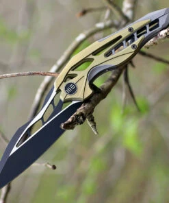 We Knife Co. WE Knife 906A Arrakis, 3.45" M390 Black/Satin Plain Wharncliffe Blade, Gold/Grey Titanium Handle